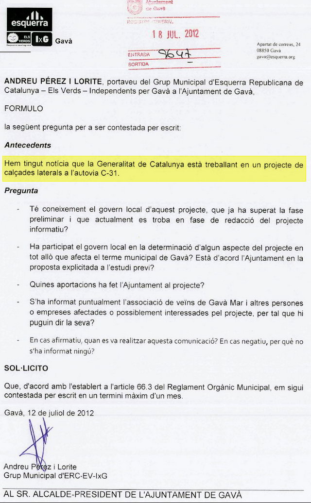 Preguntes d'ERC-Gav a l'Ajuntament de Gav sobre el seu posicionament davant de l'estudi de calades laterals per l'autovia de Castelldefels (C-31) (18 Juliol 2012)